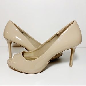 Beige Tan Patent Leather Peep Toe Pumps